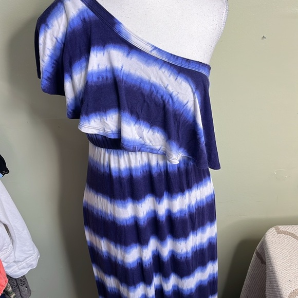 Soma Soft Jersey One Shoulder Ruffle Tie Dyed Stripe Navy Maxi Dress,size medium - Picture 6 of 9